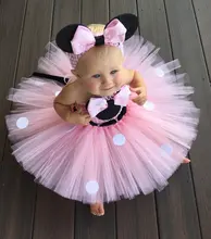 Lovely Girls Pink Cartoon Tutu Dress Baby 2Layer Crochet Tulle Tutus with Dots Ribbon Bow and Headband Kids Birthday Party Dress