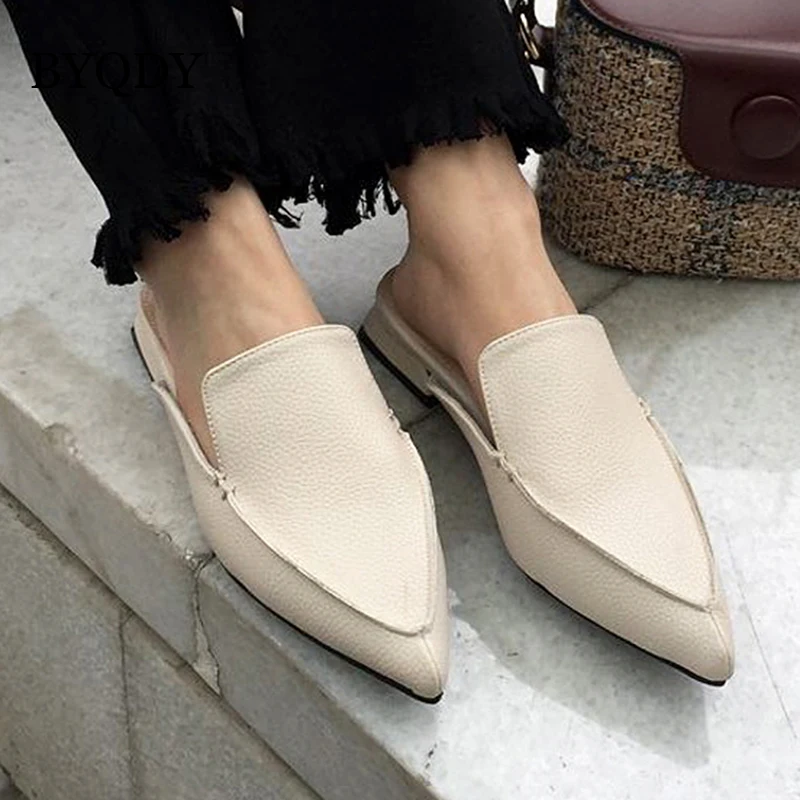 

BYQDY Women Shoes Pointed Toe Soft Leather 2018 New Spring Fashion Casual Ladies Shoes Slingbacks Women Pumps Big Discount