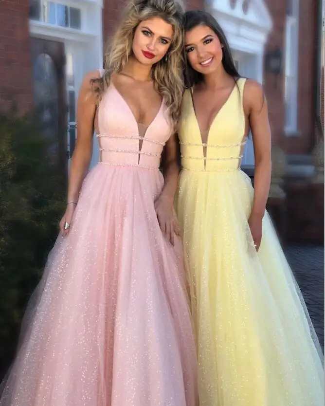 

Beautiful evening Dresses long stage ceremony dress 2019 graduation prom dress shiny deep V-neck prom gown Vestido De Noiva robe