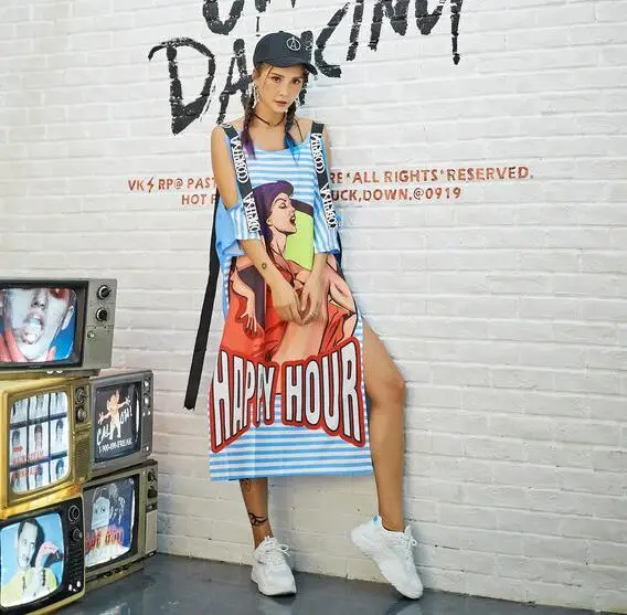 

Street Wear Cartoon Printed T-Shirt Dress Women Chic Hollow Out Shoulder Summer Dress Side Split Strap Dresses