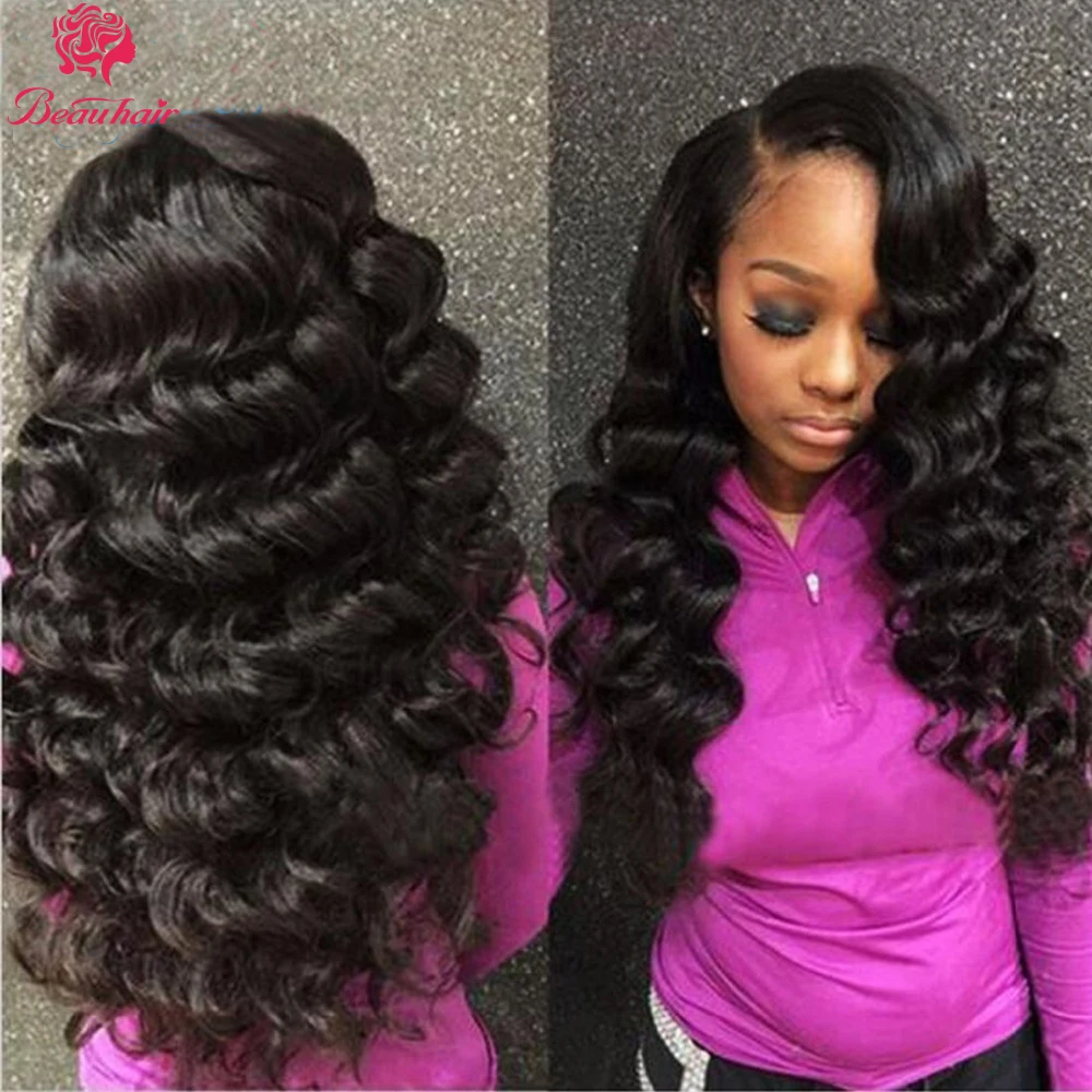 

Beau Brazilian Loose Wave Bundles With Lace Frontal 13*4 Free Part 3 Pcs Human Hair Bundles With Closure Non RemyHair Extensions