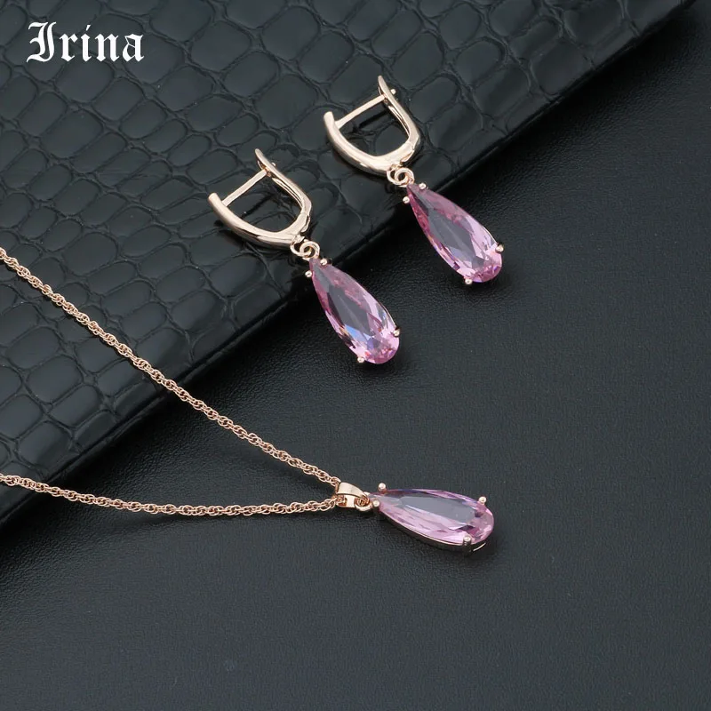 Irina, Женские Ювелирные изделия, серьги и ожерелье, наборы, ювелирные наборы, Кристальные серьги, ожерелье, подвеска, прозрачные стразы - Окраска металла: Pink