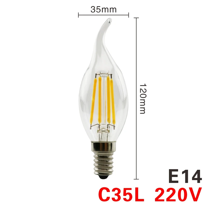 Светодиодный Эдисон лампы E27 G45 A60 C35 светодиодный лампы E14 G80 G95 G125 нити светильник 220V 2W 4W 6W 8W Античная Ретро Винтаж Стекло лампа - Испускаемый цвет: C35L E14