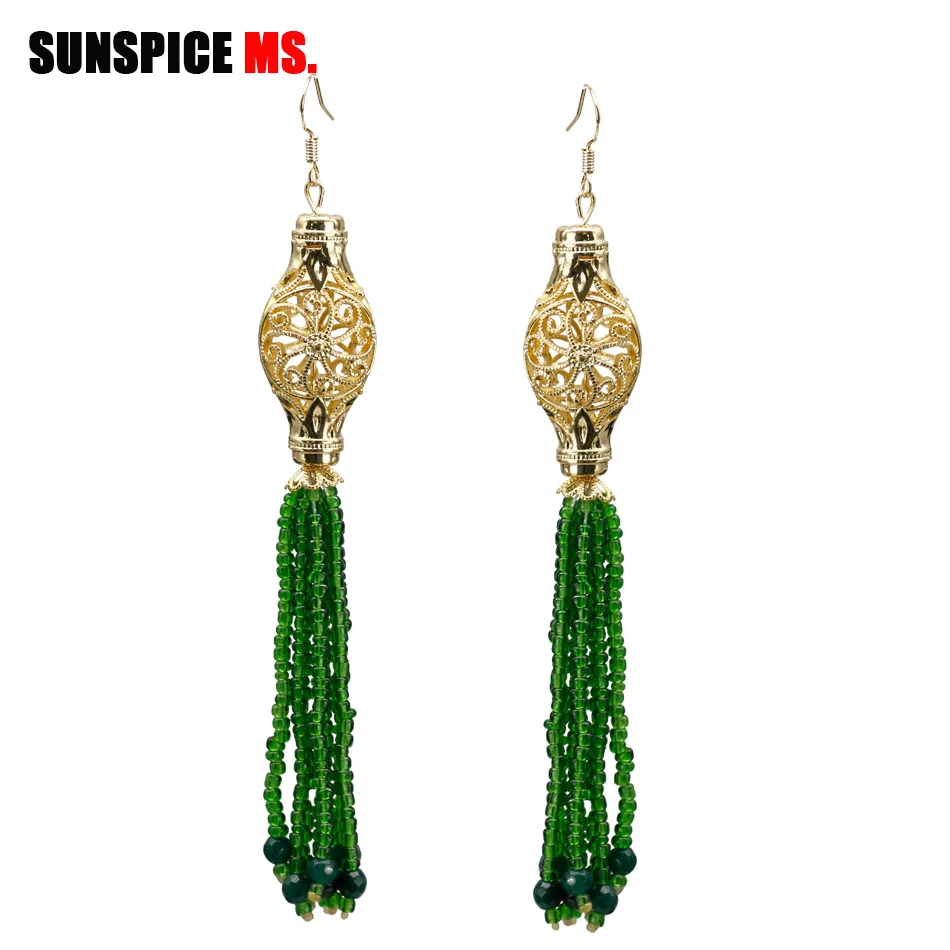 

SUNSPICE MS Maroc Gold Color Dangle Earring Women Ethnic Wedding Beads Tassels Long drop Earrings Bridal Jewerly gifts 2019