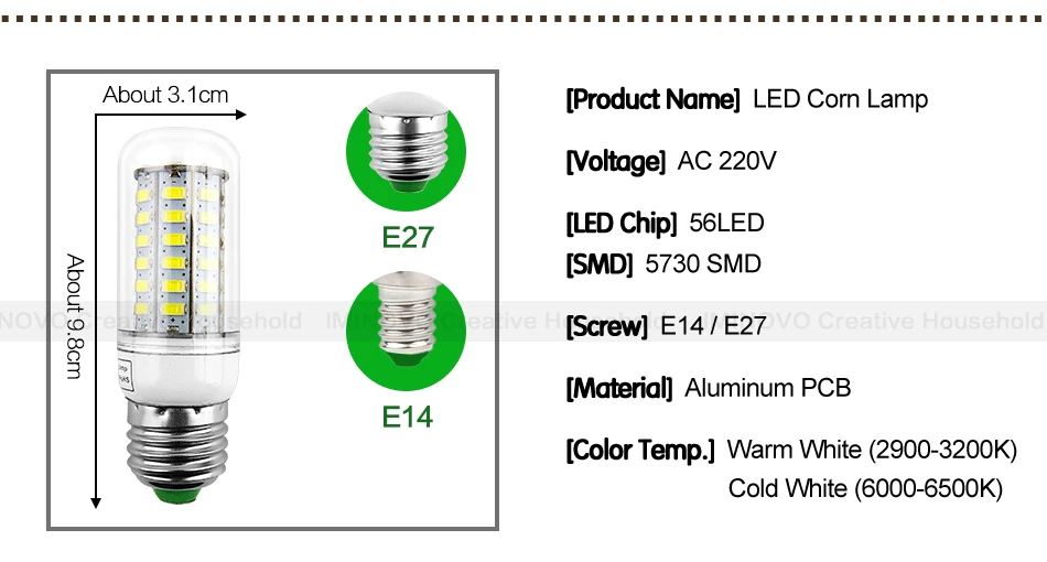 E27 светодиодный светильник E14 лампа лампада SMD5730 220V кукурузы лампа Bombillas 24 36 48 56 69 72 светодиодный s люстры лампы в форме свечи светильник для украшения дома