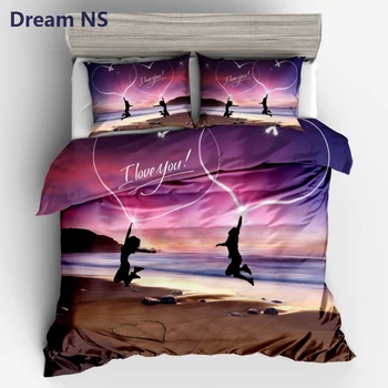 

AHSNME Lovers Bedding Set Valentine's Day Present Duvet Cover Sets Beach Dusk 3d Printed Bedlinens Queen King Size 3pcs