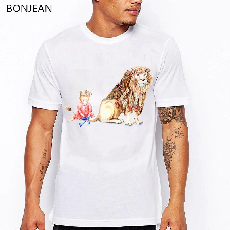 

Girl with Her Lion animal printed tshirt men harajuku shirt kawaii clothes funny t shirts camisetas hombre t-shirt streetwear