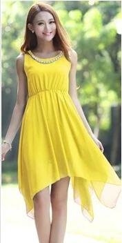 Весна и лето женское асимметричное шифоновое платье с ожерельем размера плюс s-xxxl сексуальное платье для девочек с бисером желтое платье - Цвет: Цвет: желтый