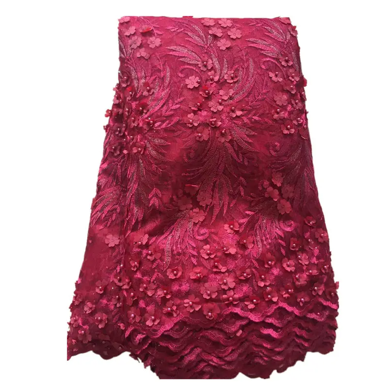 

2017 Nigerian style French tulle laces African fabric Tulle net lace french netlace mesh fabric with 3D FLOWER AND BEADS