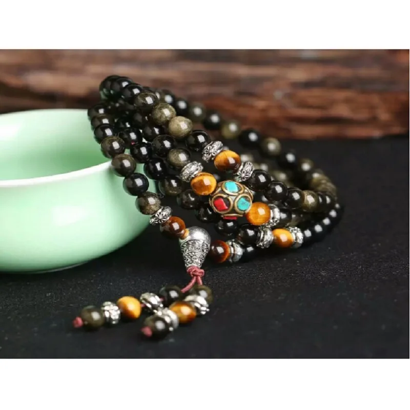 Dropship 6mm Genuine Golden Obsidian 108 Beads Prayer Mala Nepal Cooper Charm Tiger Eye Stone Men & Women Meditation Bracelet|Плетеные