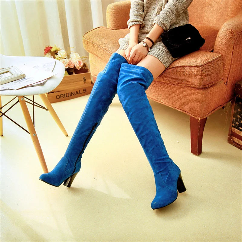 

2018 Women Over Knee Block 8cm High Heels Long Blue Boots Winter Plush Snow Boots Female Warm Girls Suede Shoes