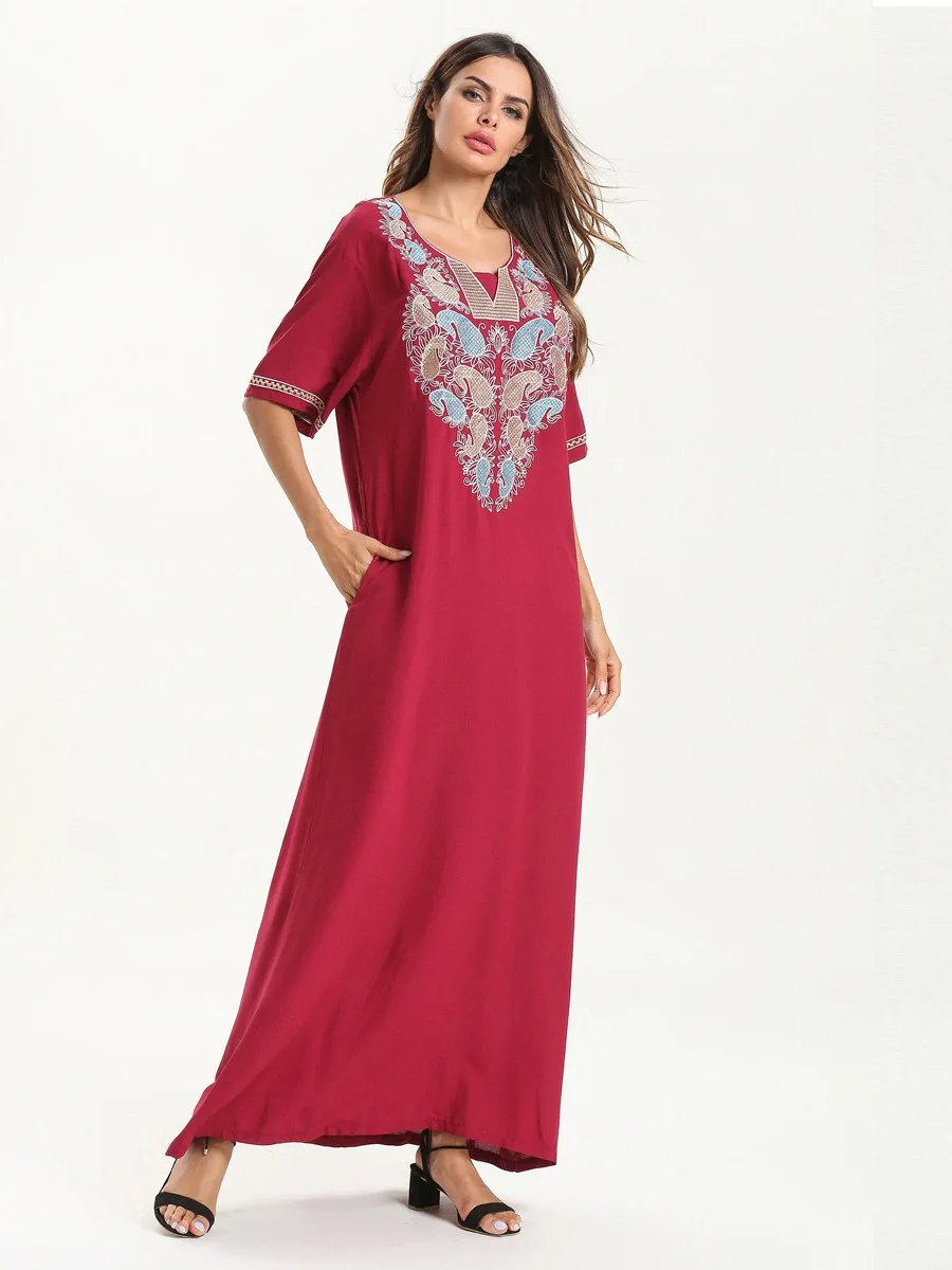 Женское летнее макси платье с коротким рукавом и вышивкой в этническом мусульманском стиле абайя Дубай, кафтан, исламский арабский Рамадан халат Мода VKDR1526