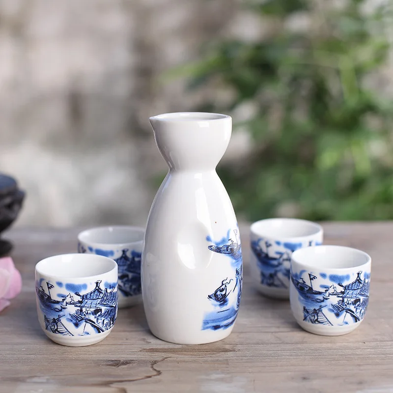 Japanese Sake Set with Four Wine Cups Hand Painted Blue + white porcelain Style Pottery