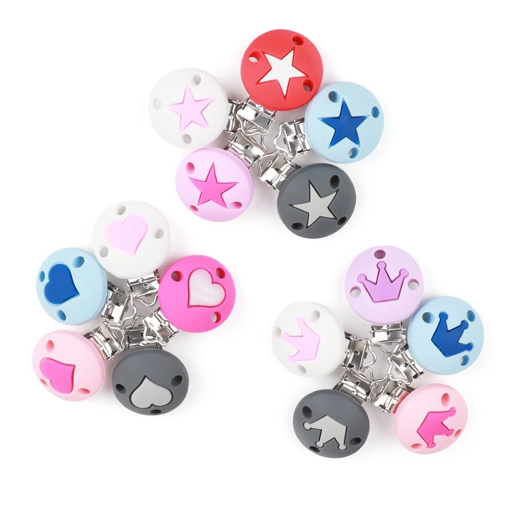 TYRY.HU 10pc Pacifier Chain Clip Round Star Crown Heart Food Grade Silicone Clip Baby Teething DIY Pacifier Chain Tool Accessori