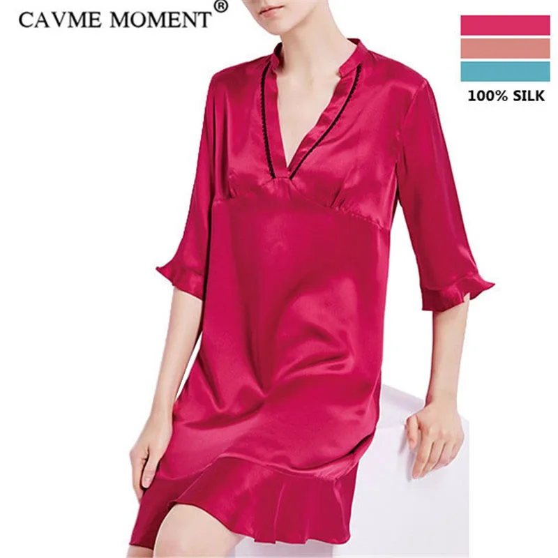 

CAVME Luxury Silk Nightgowns Women Ladies Ruffles Sleepshirt V-Neck Sleepwear Red Pink Blue Solid Color Homeclothes