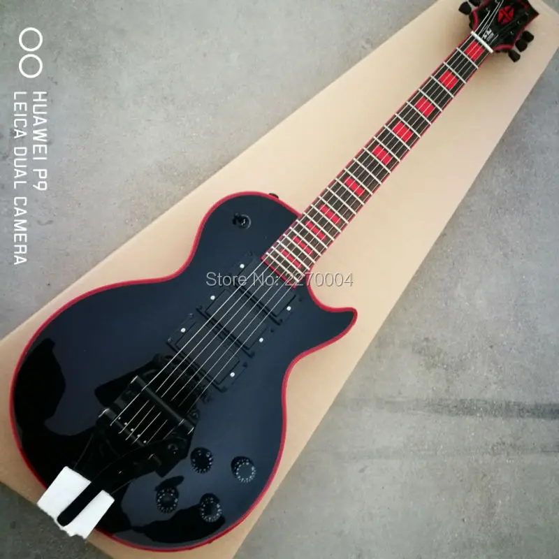 3 pickup black LP custom electric guitar, with red plastic, chrome Bigsby tremolo, free guitar, guitar real photos