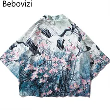 Bebovizi Fashion Chinese Style Crane Printed Cardigan Kimono 2019 Japan Loose Thin Robe Mens Harajuku Streetwear Jacket Coat