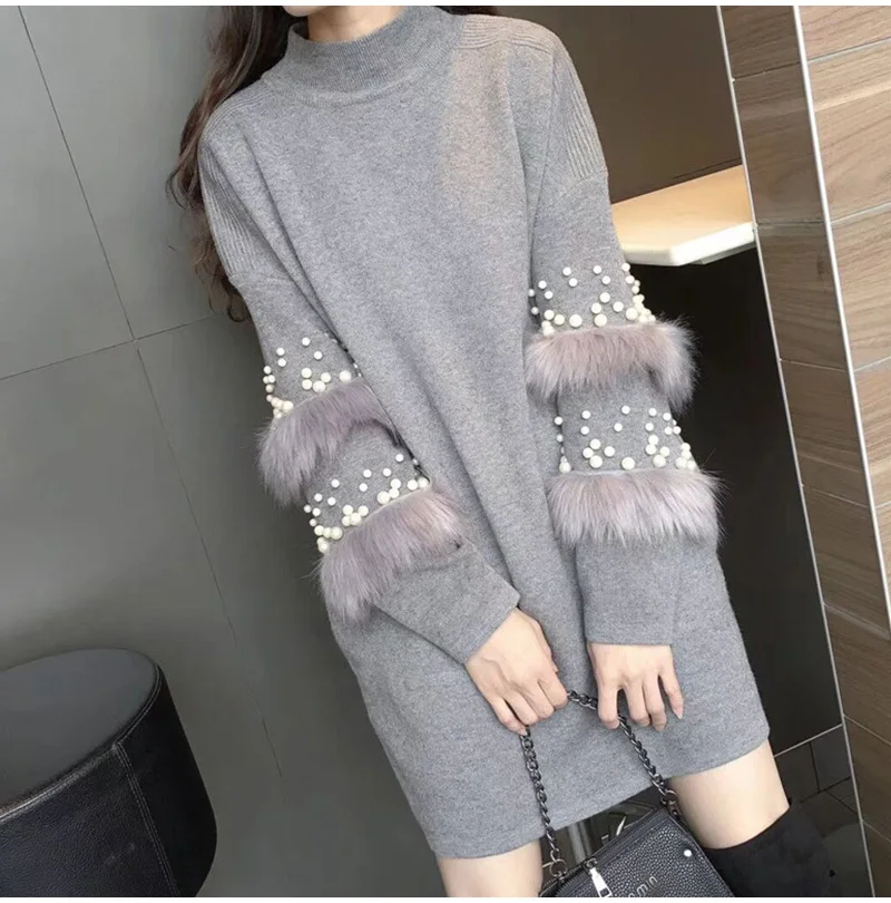 Women Winter Faux Fur Sweater Fashion Pearls Turtleneck Knitted Pullover Female Rabbit Fur Embellish Long Sweaters jumper