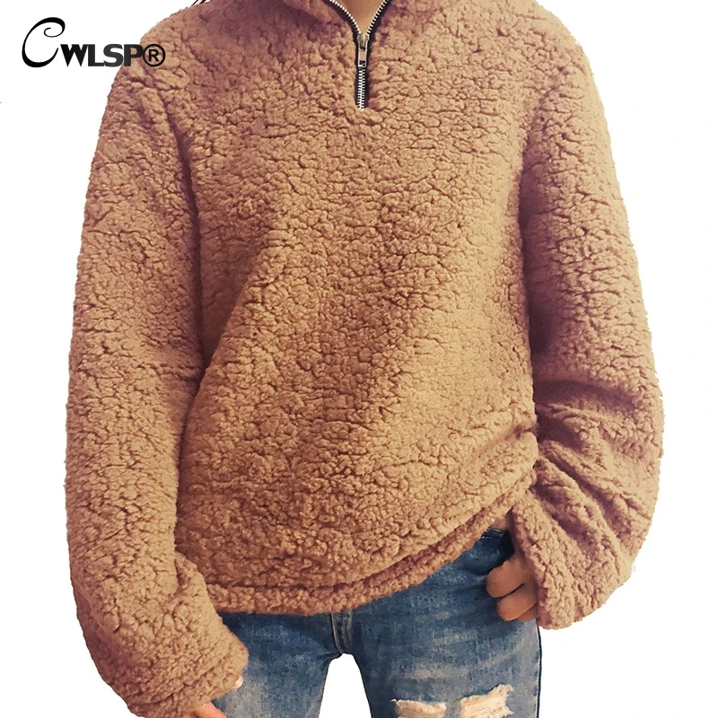 CWLSP 2018 Autumn Winter Plush Zipper Women Loose Sweatshirt Casual Warm Tops 6 Color Plus Size Pullovers Pull Femme QZ3120