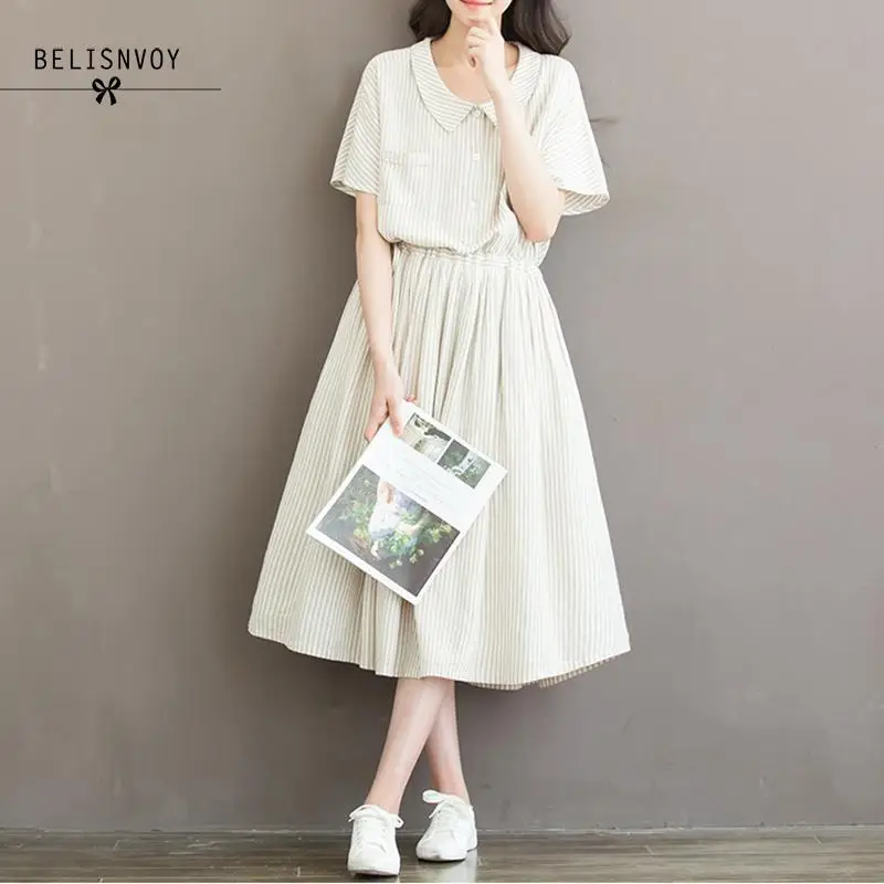 

2019 Summer Dresses Women Clothing Cotton Linen Striped Printed Short Sleeve High Waist A-line Women Dress Vestidos Tunics
