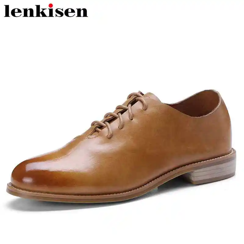 

Lenkisen British school solid round toe lace up full grain leather neutral style low soft bottom party trip women cozy pumps L57