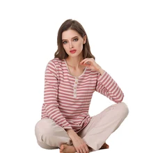 Весна, Новое поступление, хлопковые Пижамные комплекты для женщин, полосатый комплект из 2 предметов, топ с длинными рукавами, эластичная резинка на талии, длинные штаны, хлопковые пижамы