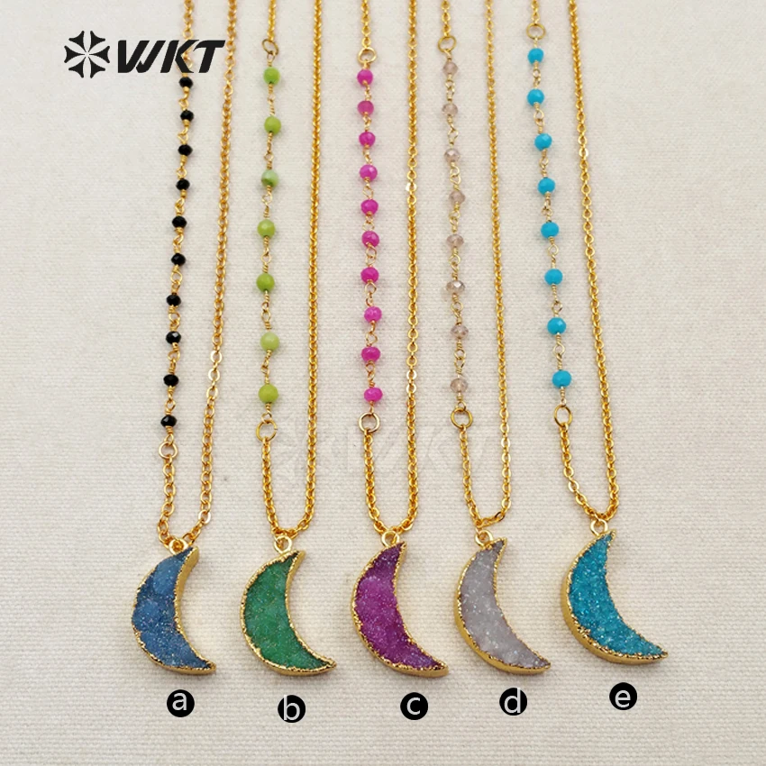 

WT-N1079 WKT New Design Natural Druzy Quartz Warm Color Moon Shape With Rosary Chain Necklace For Women Fashion Necklace