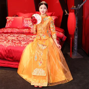 

Phoenix Embroidery Asian Bridal Dress Traditional Chinese Women Wedding Qipao Toast Clothes Elegant Ankle-Length Cheongsam
