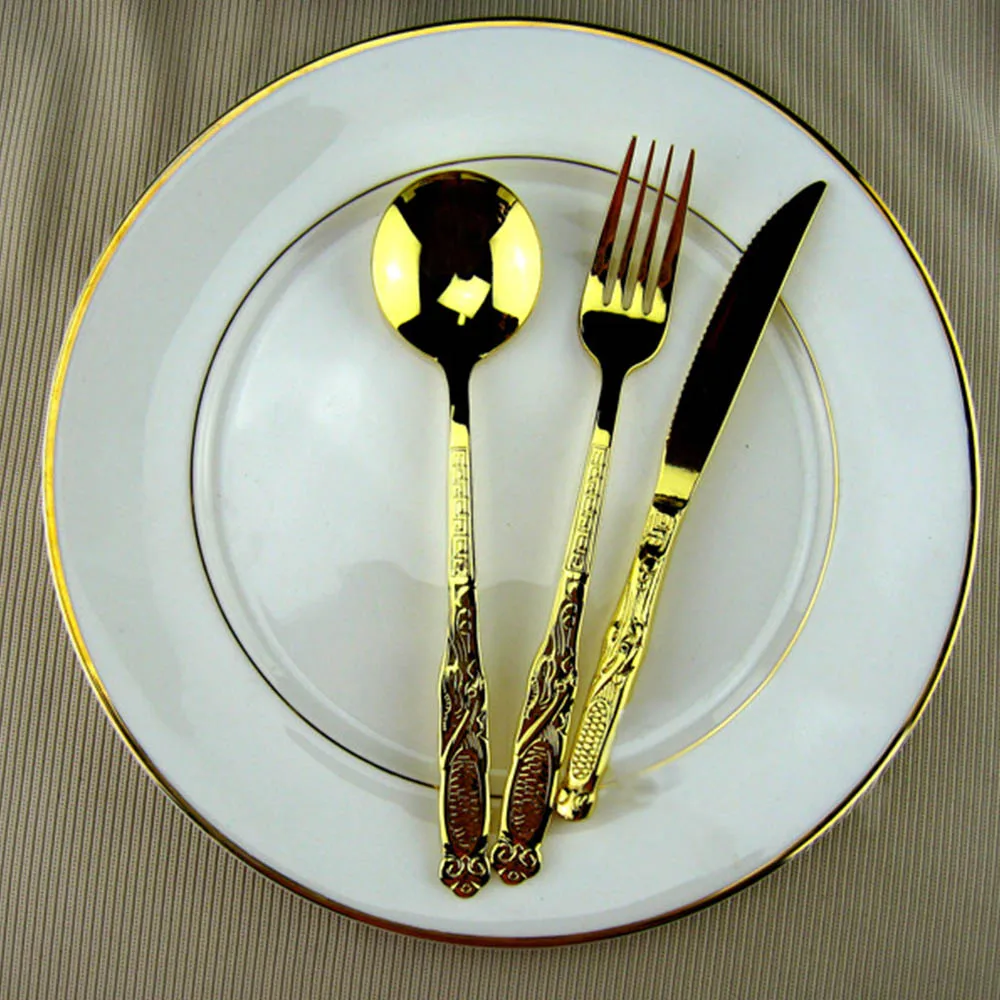 Stainless Steel Gold plated Dragon Texture Royal Cutlery Knife Spoon