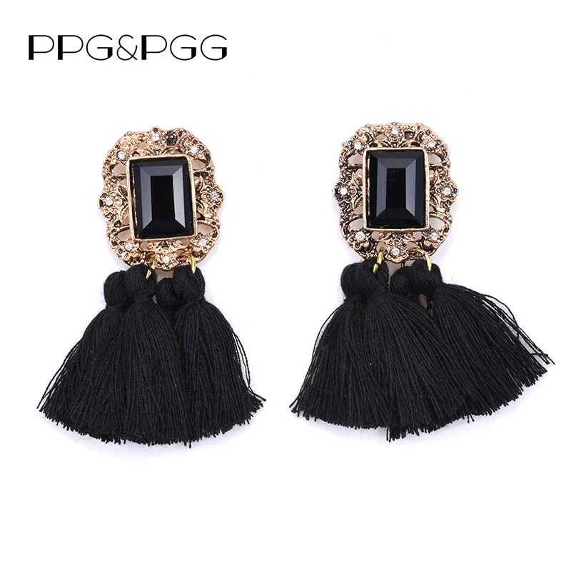 

PPG&PGG 2019 New Luxury Statement Geometric Crystal Vintage Tassel Statement Bib Stud Earrings For Women Bohemia Jewelry