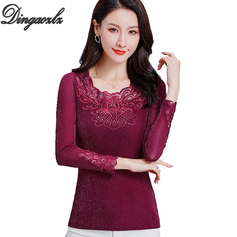 

Dingaozlz 4XL Spring New Fashion embroidery blouse blusa feminina Long Sleeve Casual Plus size Women Tops Diamond Lady shirt