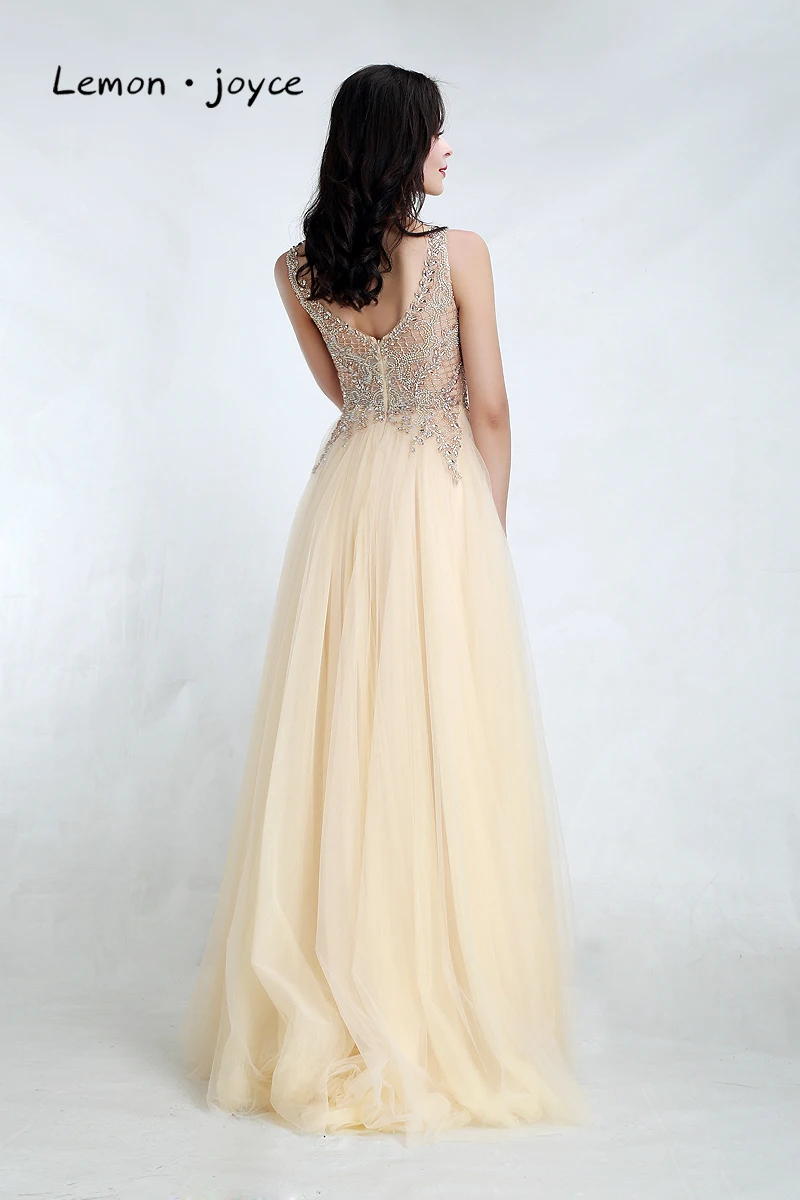 Lemon joyce Elegant Prom Dresses Long 2020 Sexy V-neck Beading Illusion Formal Evening Party Gown Plus Size vestidos de gala