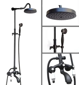 

Black Oil Rubbed Brass Dual Ceramic Handles Bathroom 8 Inch Round Rain Shower Faucet Set Bath Tub Mixer Tap Hand Shower mhg637