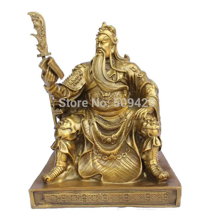 

Chinese bronze brass Dragon Guan Gong/ Yu Reading book Statue 10"H Gold Color