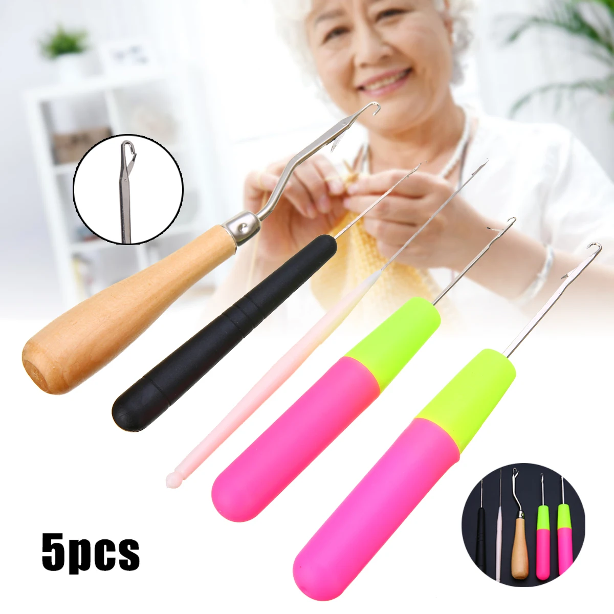 5pcs Crochet Needle Braiding Latch Hook Plastic & Wood Handle Tool Weaving Hair Sweater Wool Dreadlock DIY Handmade Crafts
