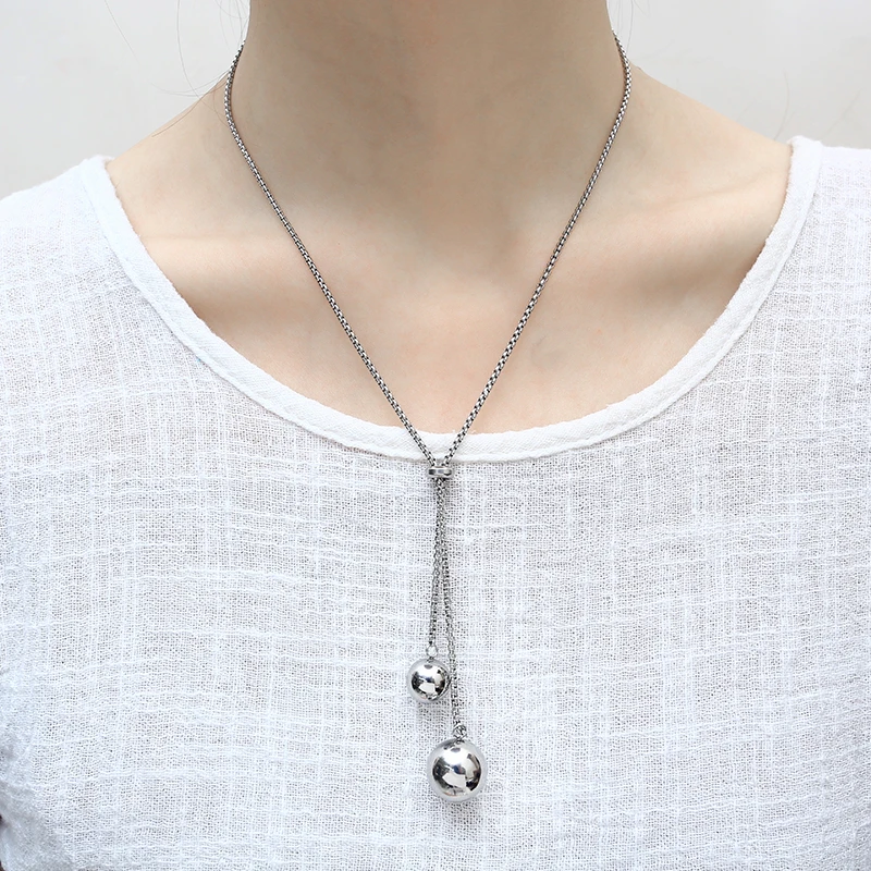 OUFEI, длинное ожерелье с подвеской, стальной шар, нержавеющая сталь, Женская мода, цепочка на свитер, модные ювелирные изделия, аксессуары, колье