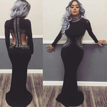 

2019 chic summer luxury maxi bandage dress heavy beading long sleeve sexy mermaid elegant long evening party dresses vestidos
