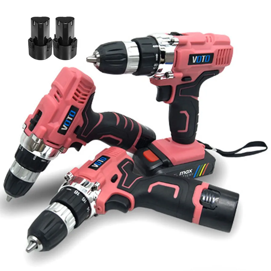 

VOTO V6 2*Battery Rechargeable Cordless Drill Electric Screwdriver Set Lithium Power Tools Screw Gun Driver 12V 16.8V 21V Pink