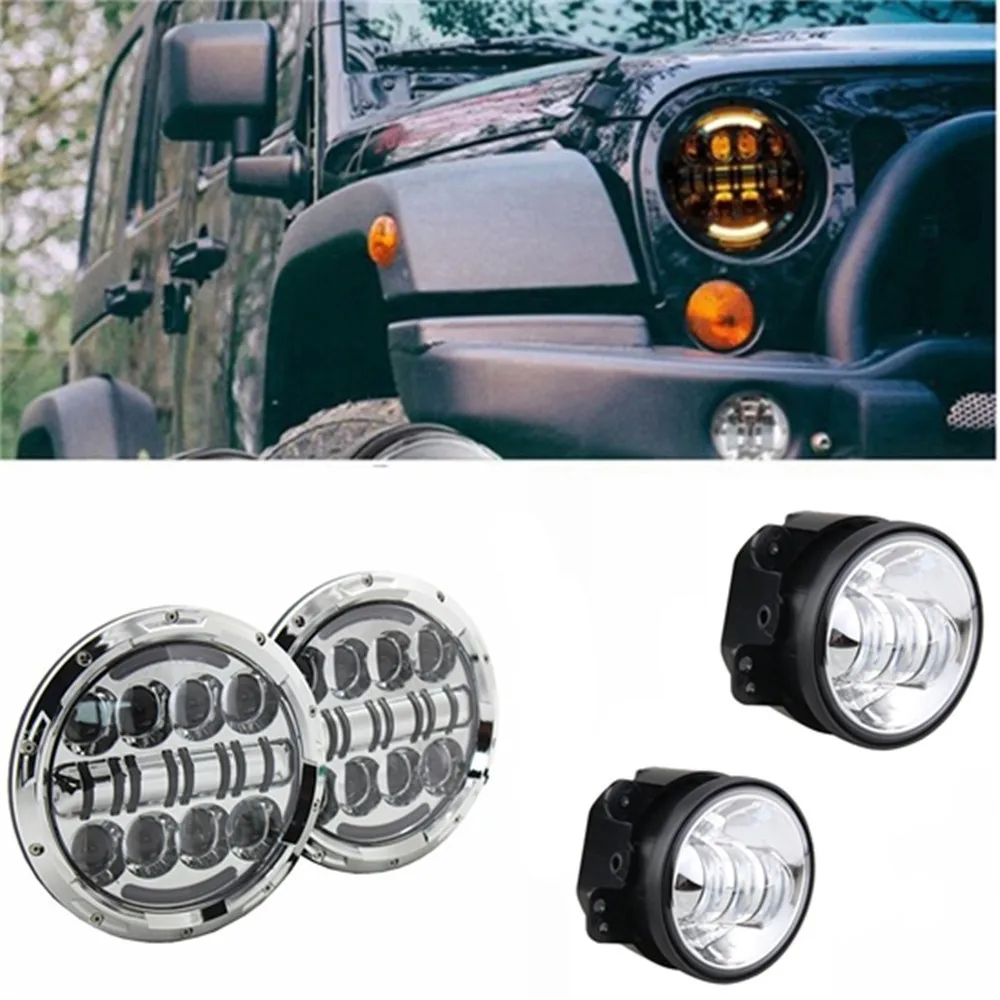 

7" Inch 80W Round Led Headlights DRL Projection Headlamp + 4" Led Fog Lights For Jeep Wrangler JK TJ LJ Sahara Rubicon Unlimit