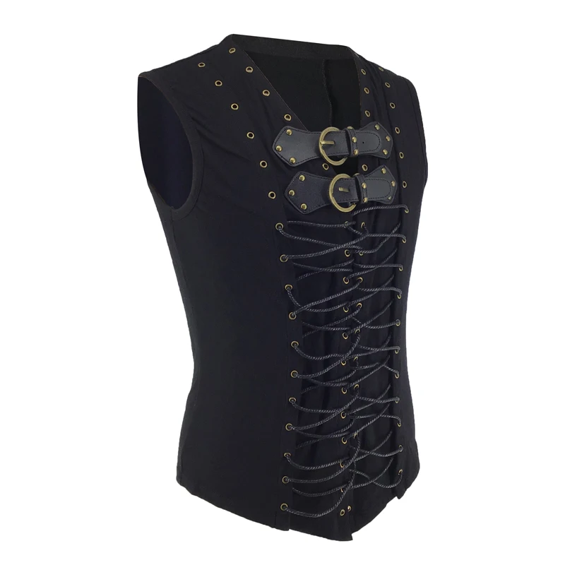 Victorian Gothic Jacket Waistcoat Halloween Party Male Black Leather Belt Buckle& Lace Up Medieval Coat Clothing Corset Vest