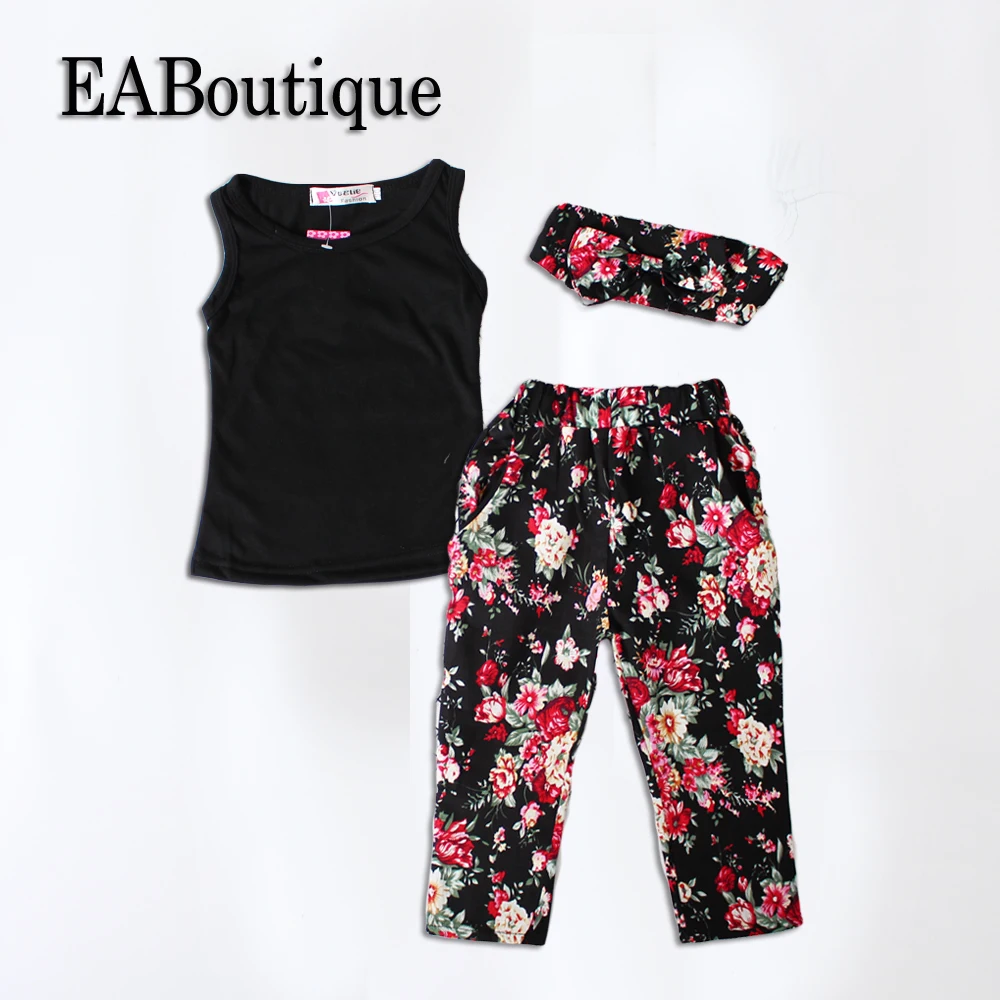 

EABoutique Summer Style Kids Clothes Floral Pattern Black Top With Headband 3 Pieces Set Casual Girls Outfits