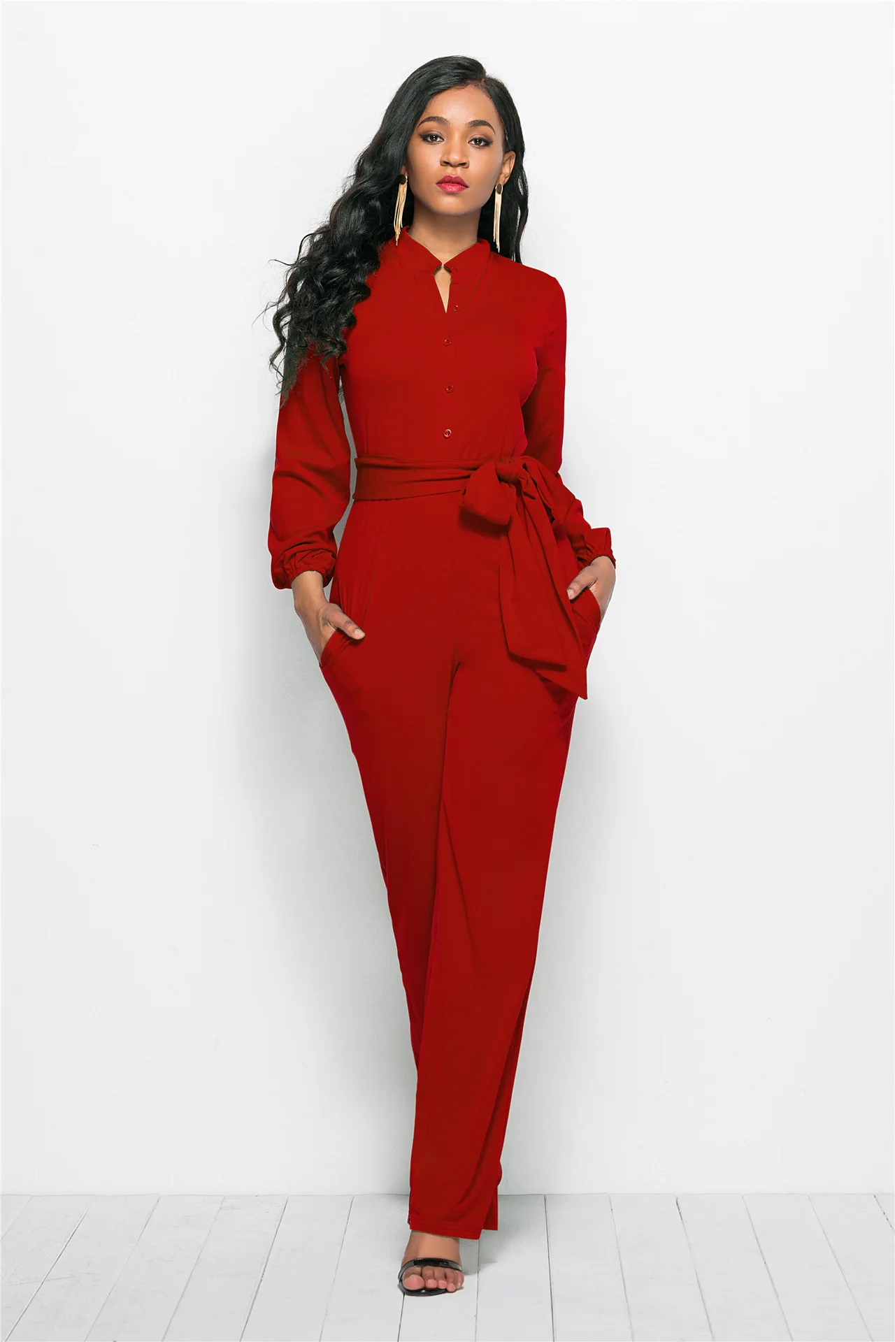 Женский комбинезон с длинным рукавом, элегантные длинные штаны, комбинезоны больших размеров, женские комбинезоны с широкими штанинами, комбинезон, винтажная одежда, брюки - Цвет: red