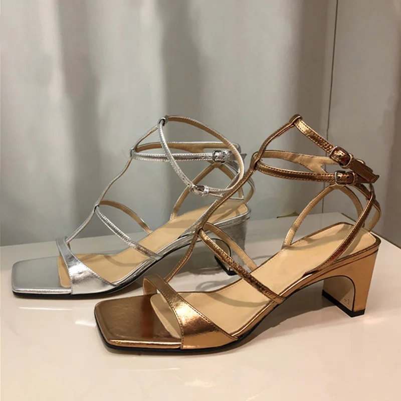 Gladiator Women High Heels Sandals Summer Square Toe Heels Gold Silver Heeled Platform Shoes Ladies Sexy Party Wedding Shoes L20 (2)