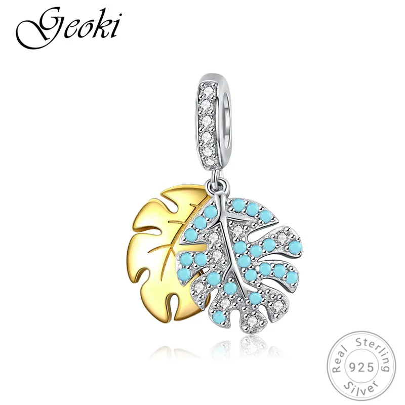 

Geoki 925 Sterling Silver Blue Cubic Zirconia Leaf Charms fit Original Pandora Bracelet Gold-color Tree Falling Leaves Beads