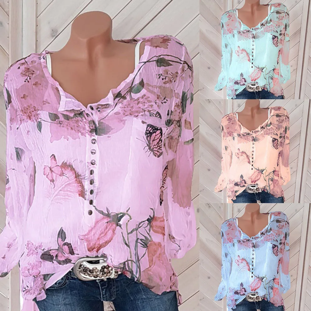 

Women Casual Chiffon Irregular Hem Top Floral Printed Button Shirt BlouseAUG14