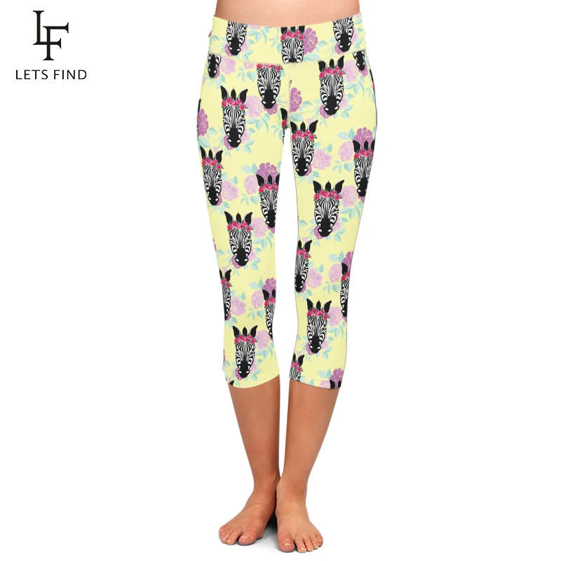 LETSFIND New Legging Women High Waist Zebra and Flowers Print Summer Style Pants Women Thin and Soft Mid Calf Capri Legging