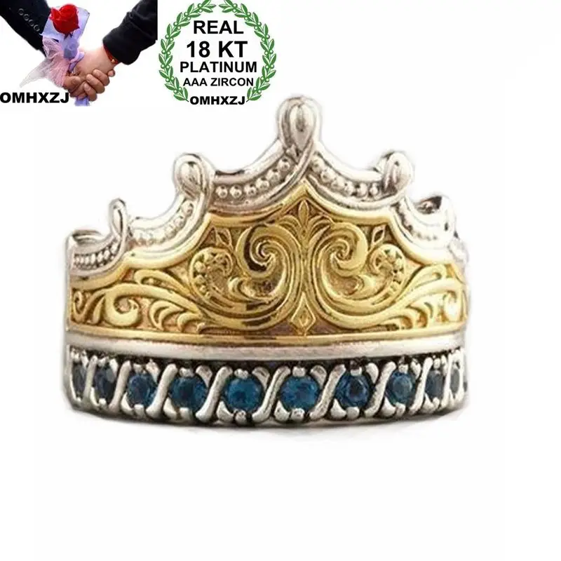 OMHXZJ Wholesale European Fashion Woman Man Party Wedding Gift Crown Blue AAA Zircon 18KT White Gold Yellow Ring RR474 | Украшения и