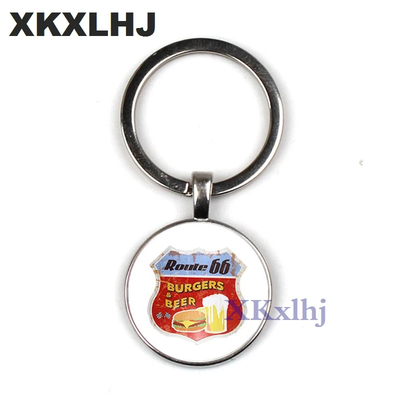 

XKXLHJ Retro Road Route 66 Silver Color Key Chains Glass Pendant Zinc Alloy Metal Keychains Keyring Charms Jewelry