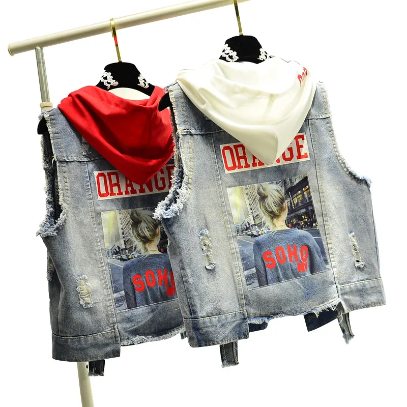 

Fashion Hole Tassel Printed Sleeveless Vest For Women Casual Loose Veste Jeans Femme Asymmetry Vintage Hooded Denim Vest Colete