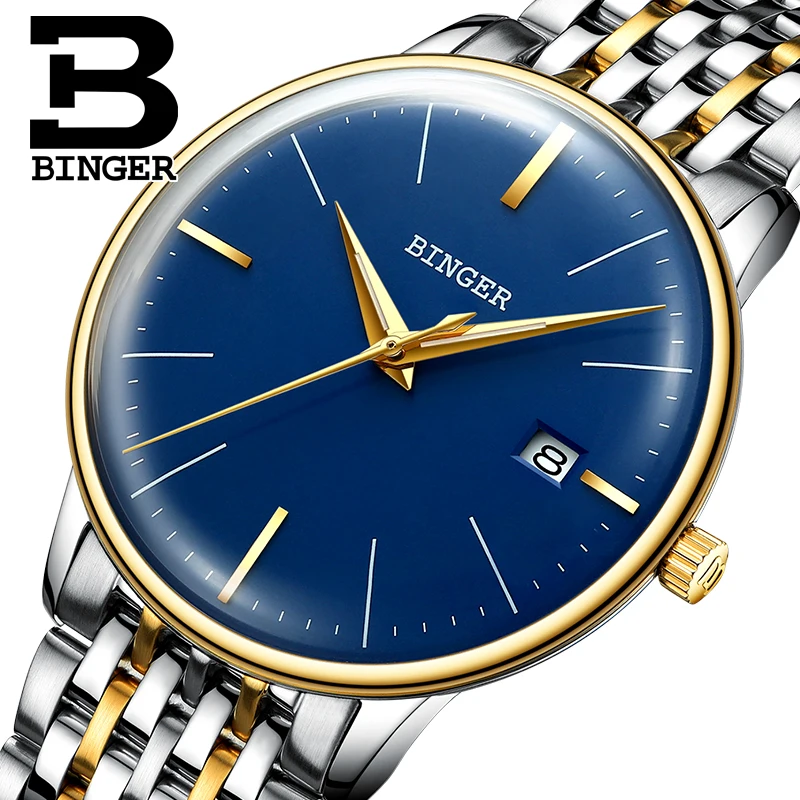 

Seiko Automatic Movement BINGER Mechanical Watch relogio masculino Casual Business Wristwatch Curved mirror Waterproof 2017